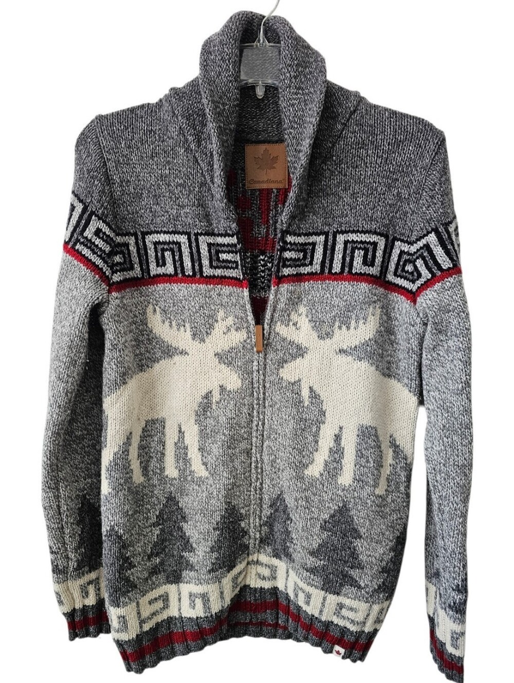 Canadiana Wool Cabincore Moose Gray & Red Knit Full Zip Sweater Jacket Size XS